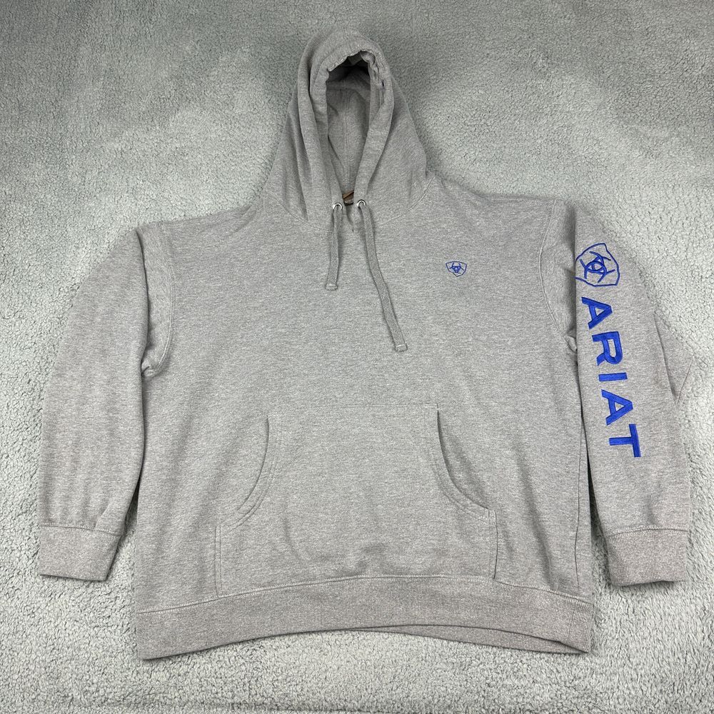 Ariat Hoodie Mens XL Gray Blue Logo Sweatshirt Pullover Spellout Kangaroo Pocket